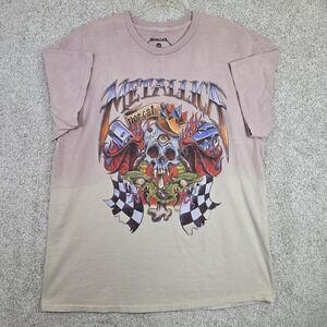 Metallica Nor‎ Cal Skull Tie Die Gradient Pink To Cream Tee Size L/XL Checkered